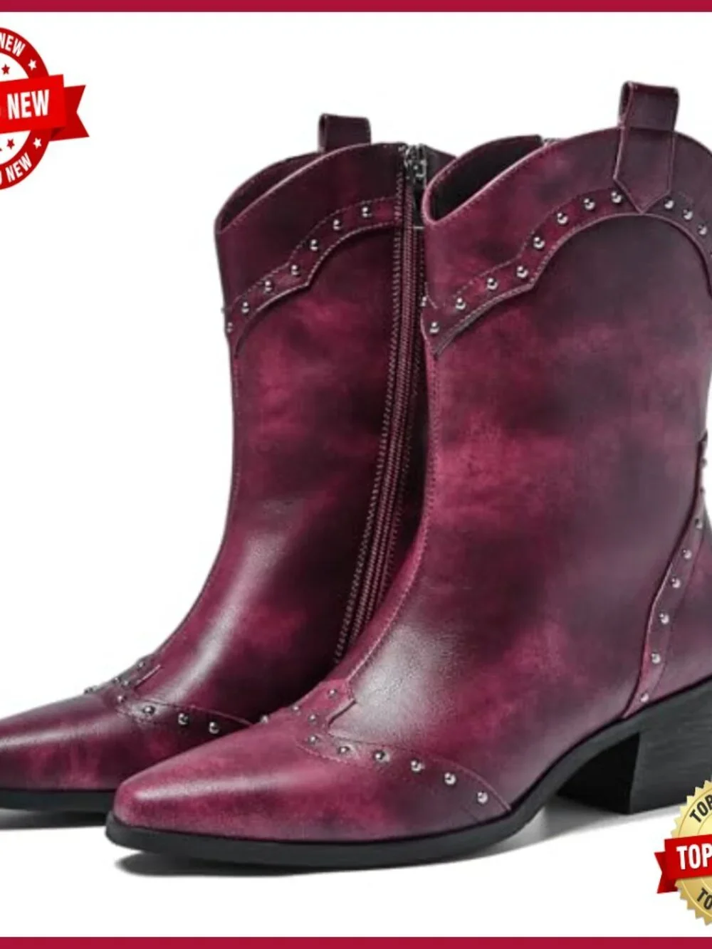 Women's Studded Western Ankle Boots Low Block Heel Cowboy Booties Zip
